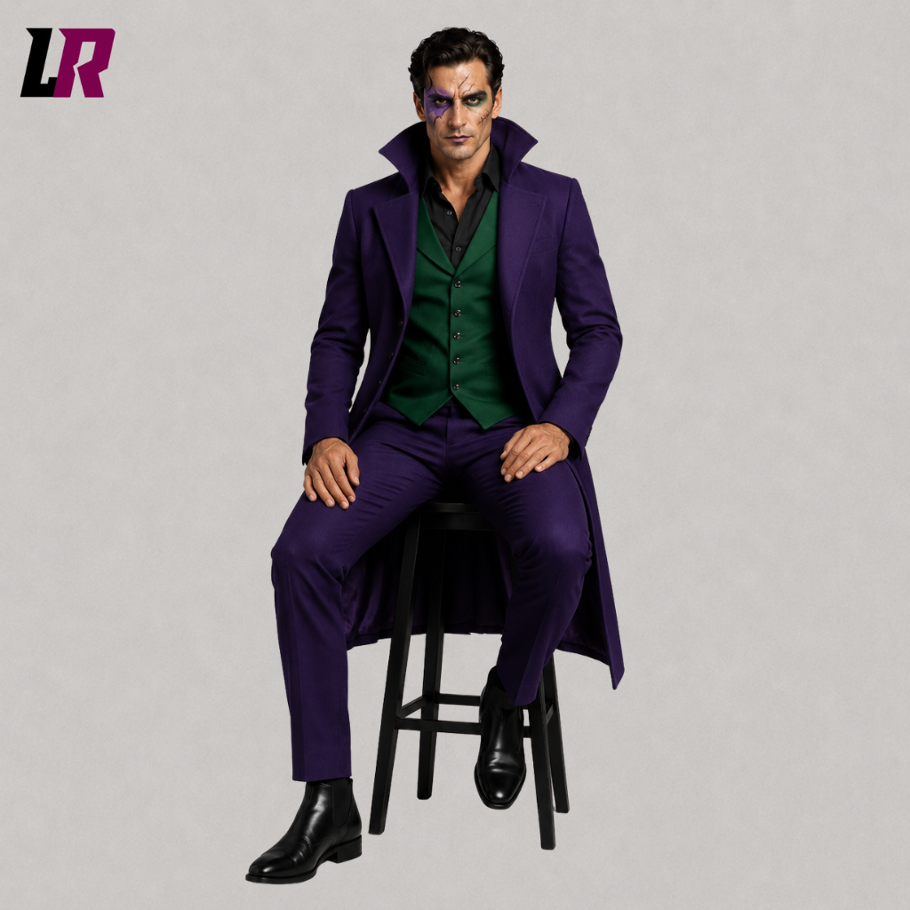 Man sitting on a stool wearing a purple Joker-inspired Halloween long coat for cosplay and themed events