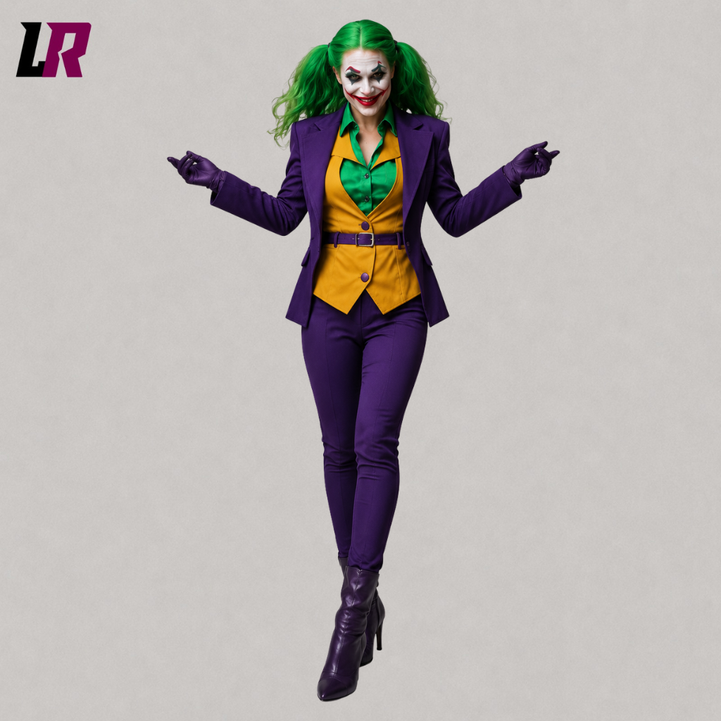 Front view of a women's purple Halloween cosplay pantsuit with tailored blazer and matching trousers