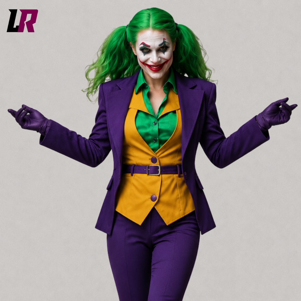 Close-up of a women's purple Joker-inspired Halloween cosplay suit featuring a tailored blazer and premium fabric