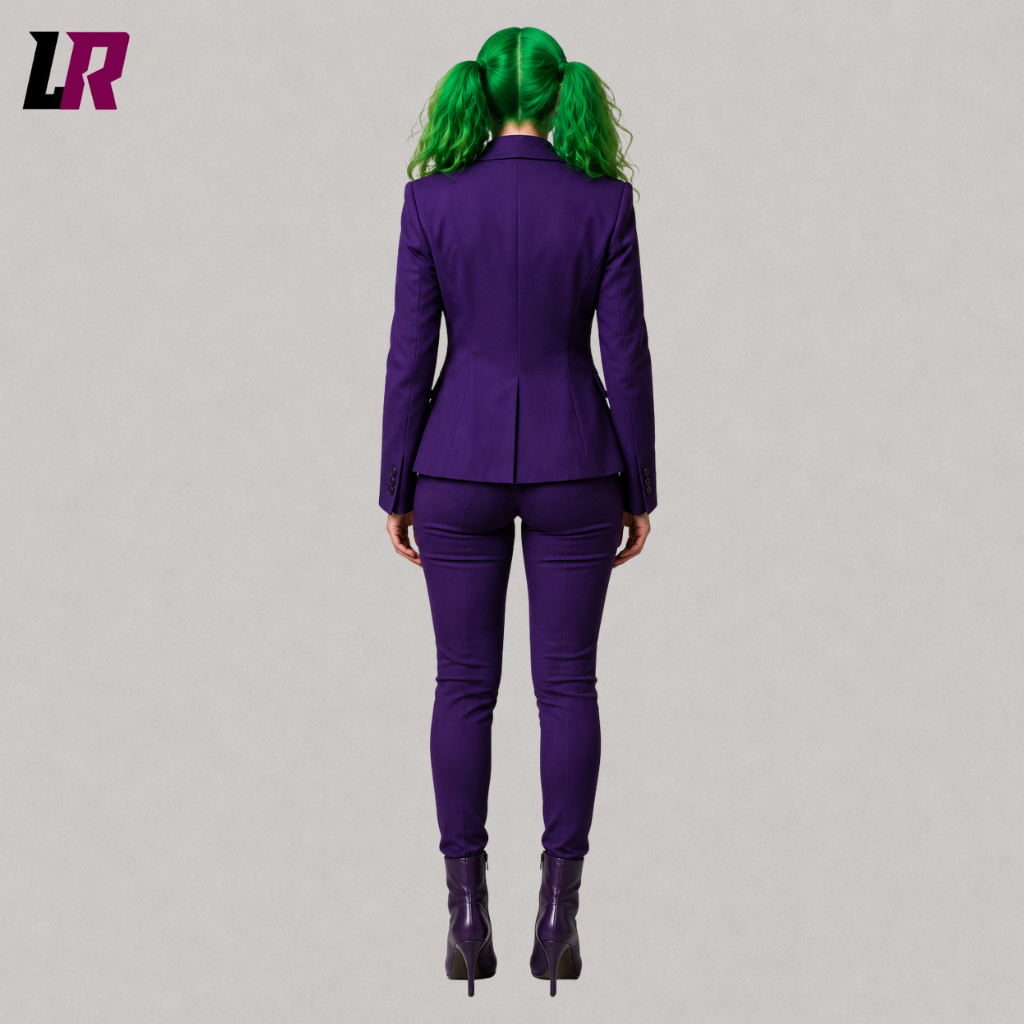Back view of a custom women's purple Joker-inspired Halloween suit showing the tailored blazer silhouette
