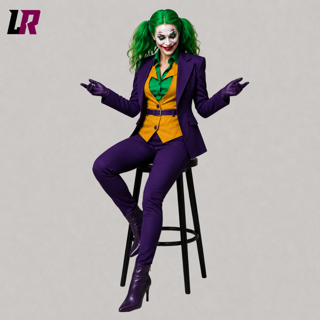 Woman sitting on a stool wearing a purple Joker-inspired Halloween cosplay pantsuit for themed events
