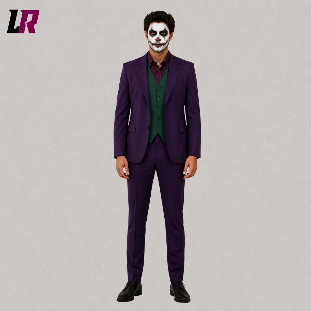Front view of a men's purple Halloween 3-piece suit with matching waistcoat and trousers for cosplay and weddings