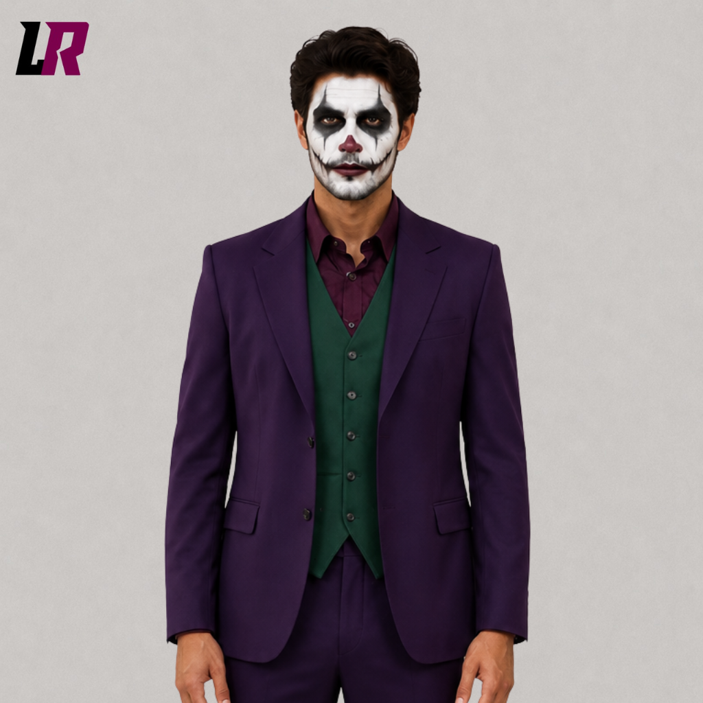 Close-up of a men's purple Joker-inspired Halloween suit featuring a tailored three-piece design and premium craftsmanship