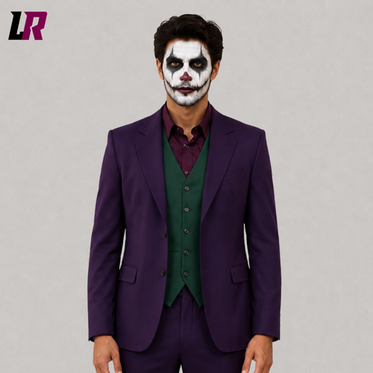 Close-up of a men's purple Joker-inspired Halloween suit featuring a tailored three-piece design and premium craftsmanship