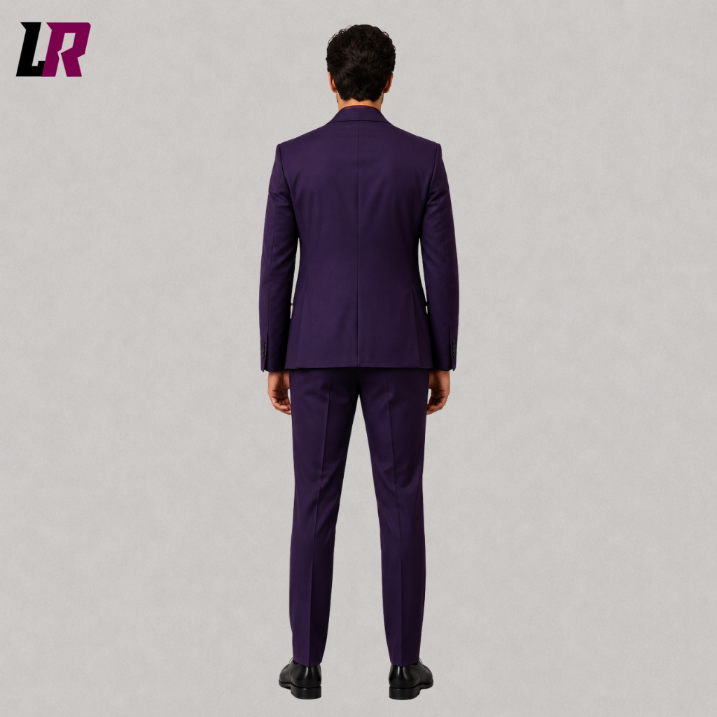 Back view of a custom men's purple Joker-inspired Halloween suit showing the elegant tailored silhouette