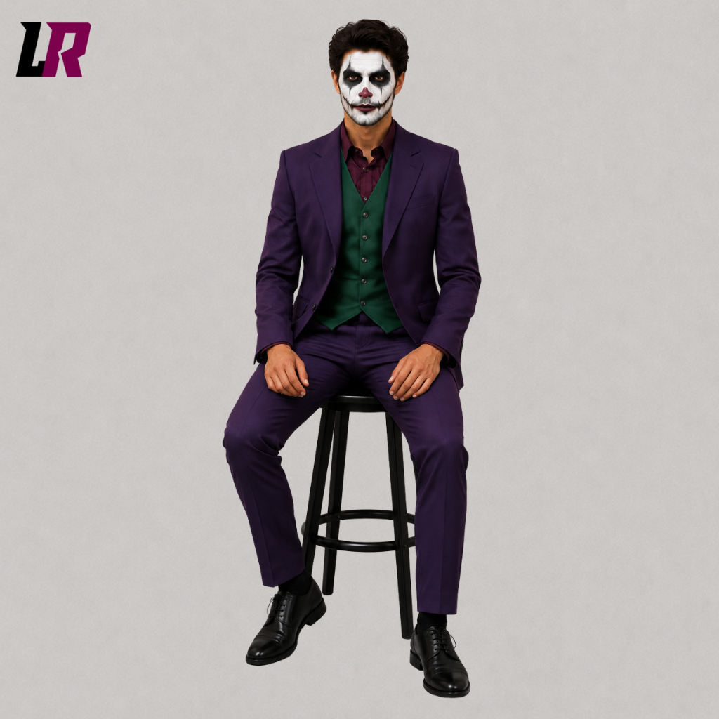 Man sitting on a stool wearing a purple three-piece Halloween suit for cosplay, weddings, and themed events