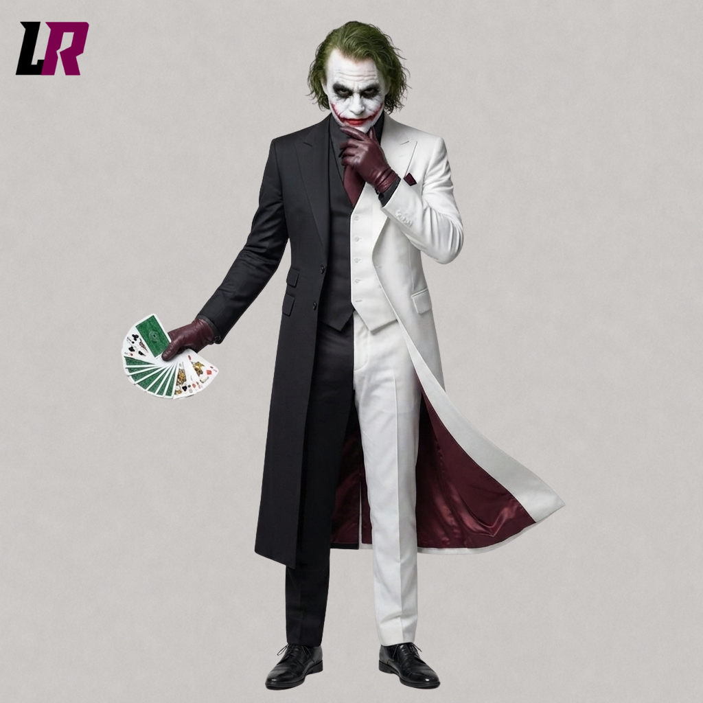 Front view of a men's black and white Halloween tailcoat suit with contrasting panels for gothic weddings and cosplay