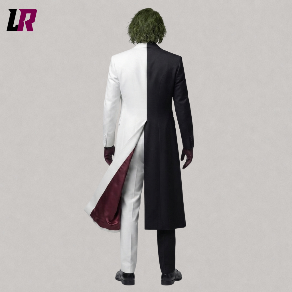 Back view of a custom men's black and white gothic Halloween tailcoat showing the dramatic tailored silhouette