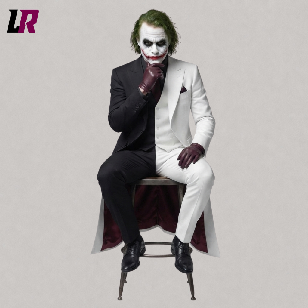 Man sitting on a stool wearing a black and white Halloween tailcoat suit for gothic events and cosplay