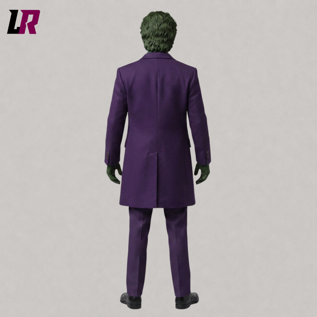 Back view of a custom men's purple gothic Halloween tailcoat showing the elegant Victorian long-tail silhouette