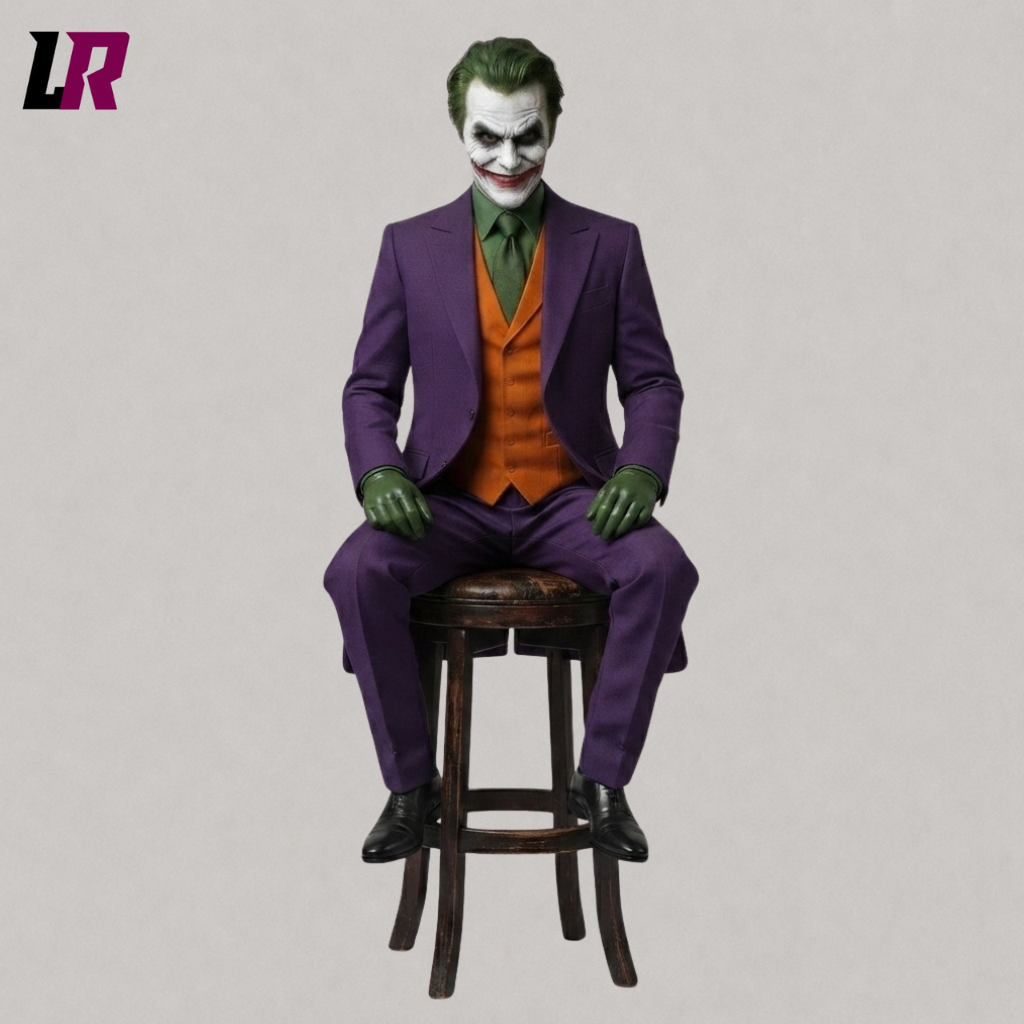 Man sitting on a stool wearing a purple Victorian Halloween tailcoat for cosplay and gothic events