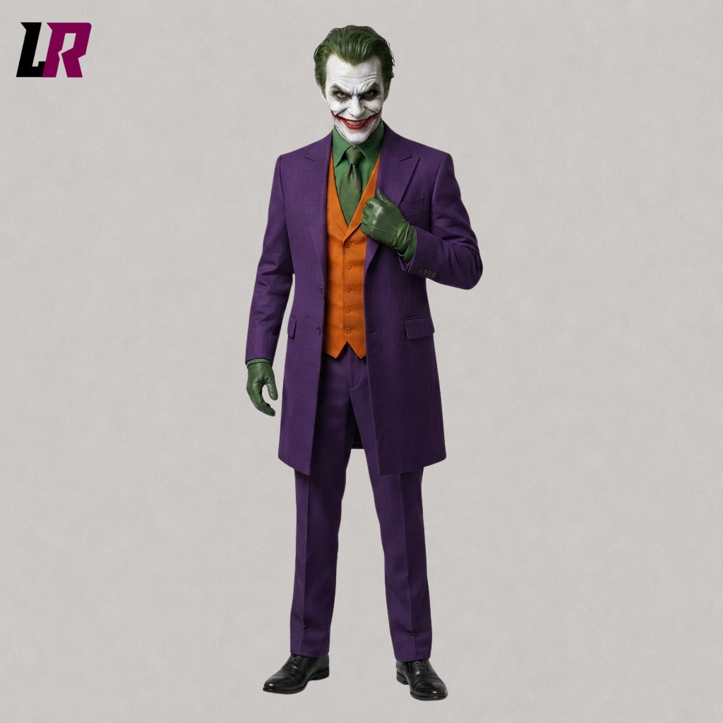 Front view of a men's purple Victorian Halloween tailcoat suit for gothic weddings and cosplay events