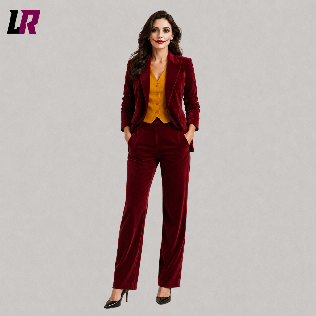 Front view of a women's burgundy velvet Halloween pantsuit with tailored blazer and matching trousers