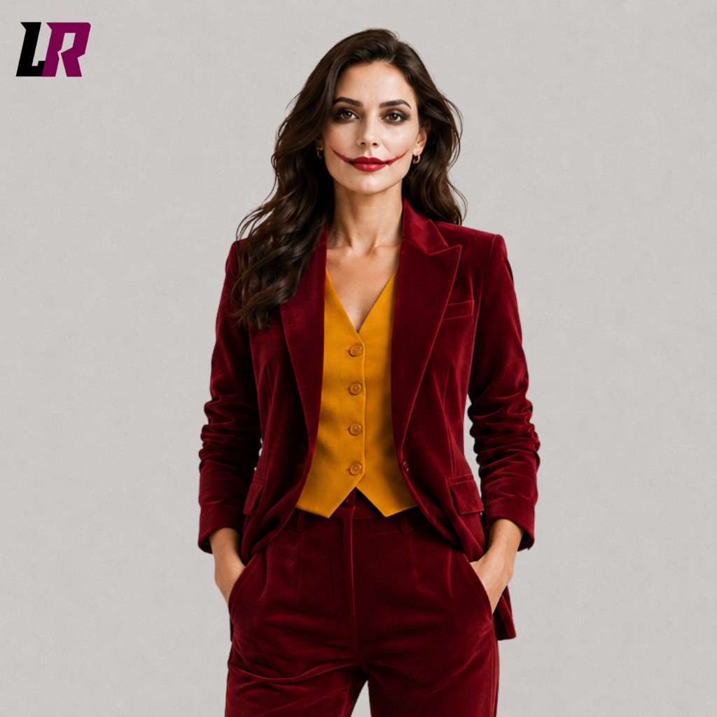 Close-up of a women's burgundy velvet Halloween suit featuring Joker-inspired styling and luxurious velvet fabric