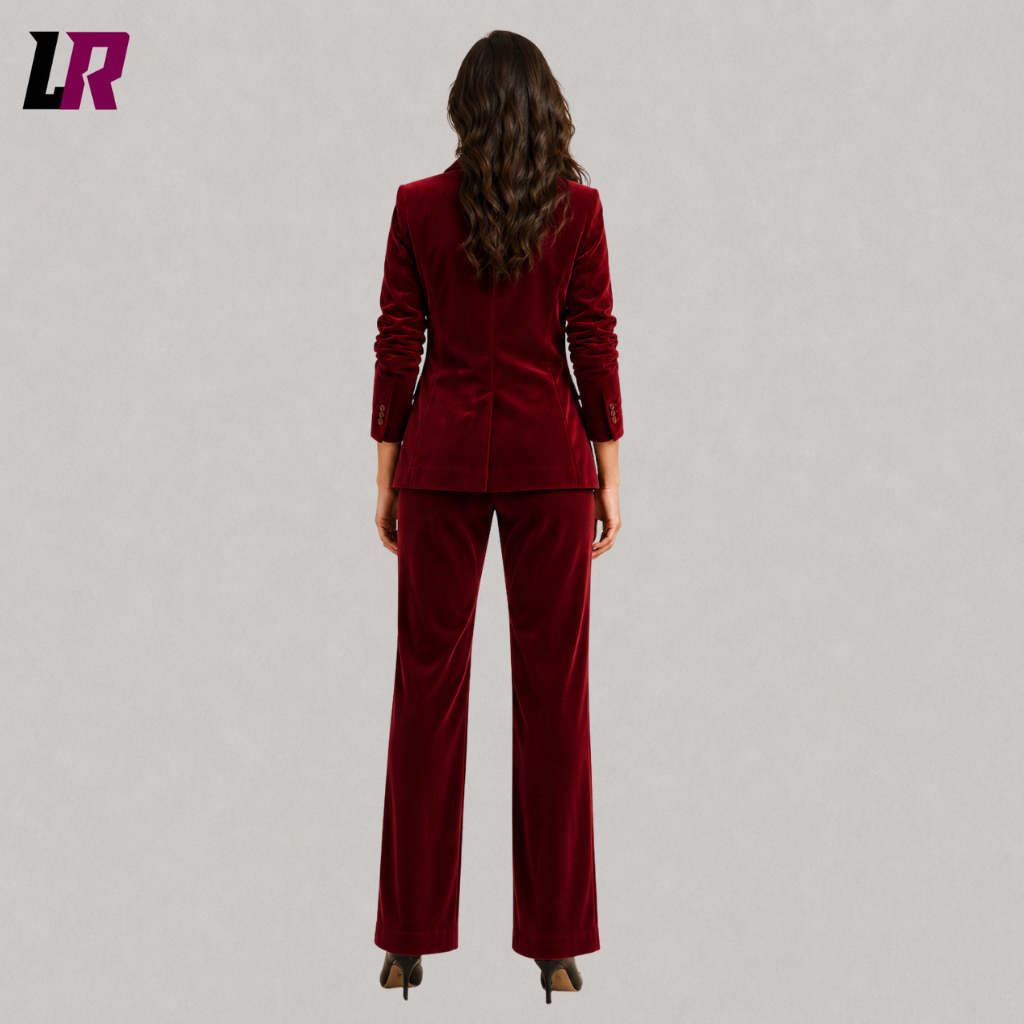 Back view of a custom women's burgundy velvet Halloween suit showing the elegant tailored silhouette