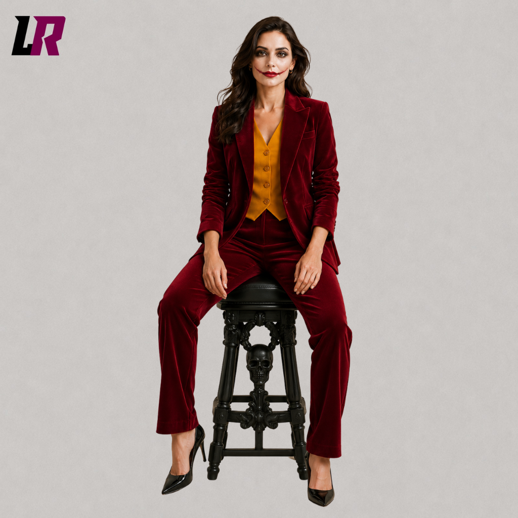 Woman sitting on a stool wearing a burgundy velvet Halloween cosplay pantsuit for themed events