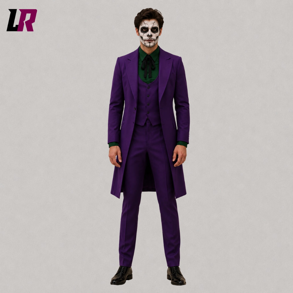 Front view of a men's purple Halloween Joker tailcoat with Victorian gothic design for weddings and cosplay