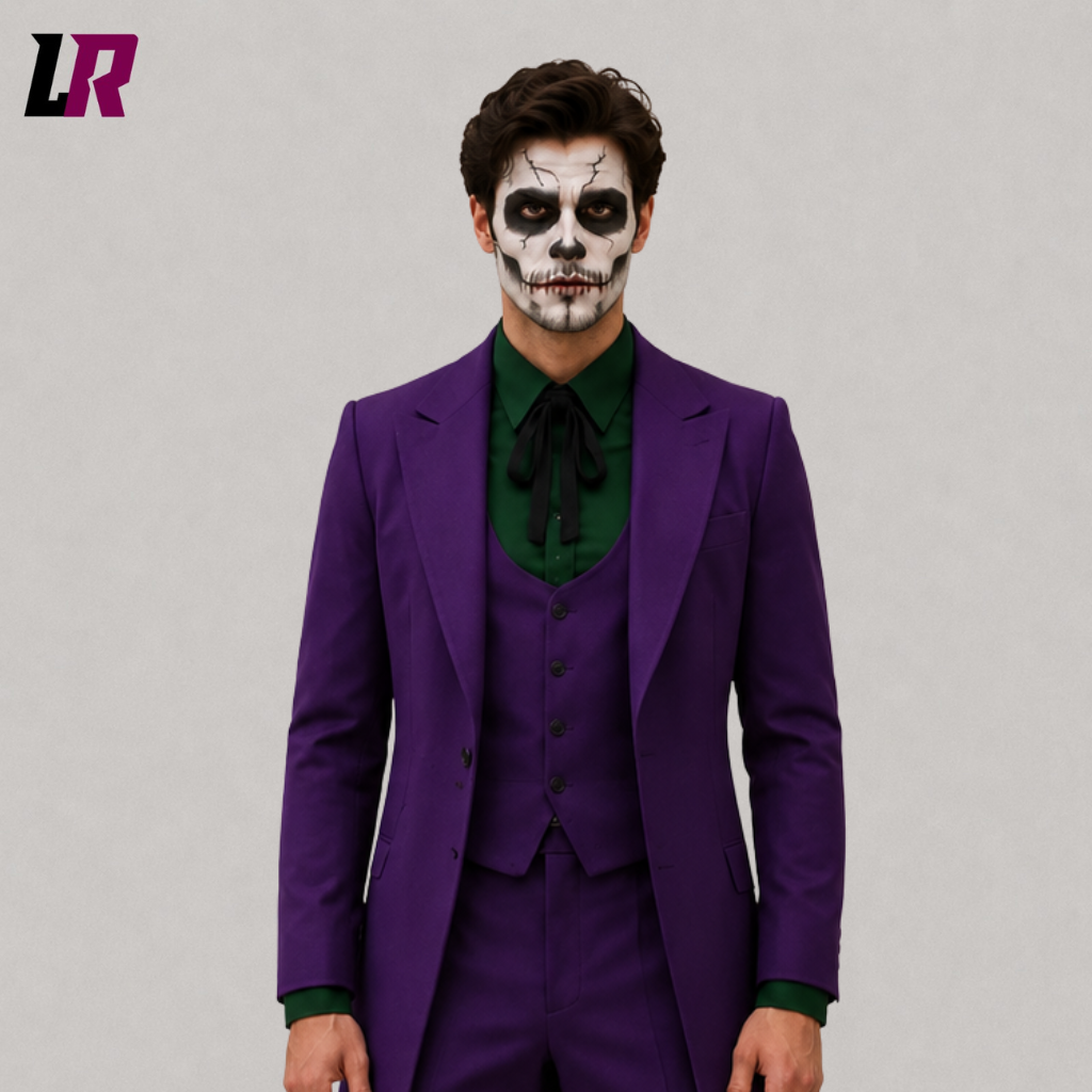 Close-up of a men's purple Joker-inspired Halloween tailcoat featuring gothic Victorian styling and custom tailoring
