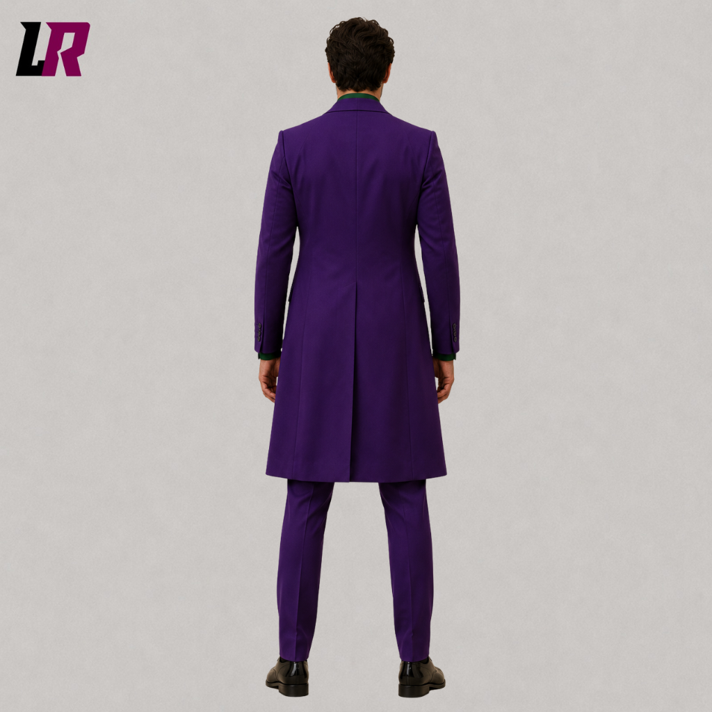 Back view of a custom men's purple gothic Victorian Halloween tailcoat showing the elegant long-tail silhouette