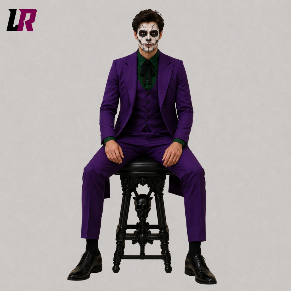 Man sitting on a stool wearing a purple Joker-inspired Halloween tailcoat for gothic events and cosplay