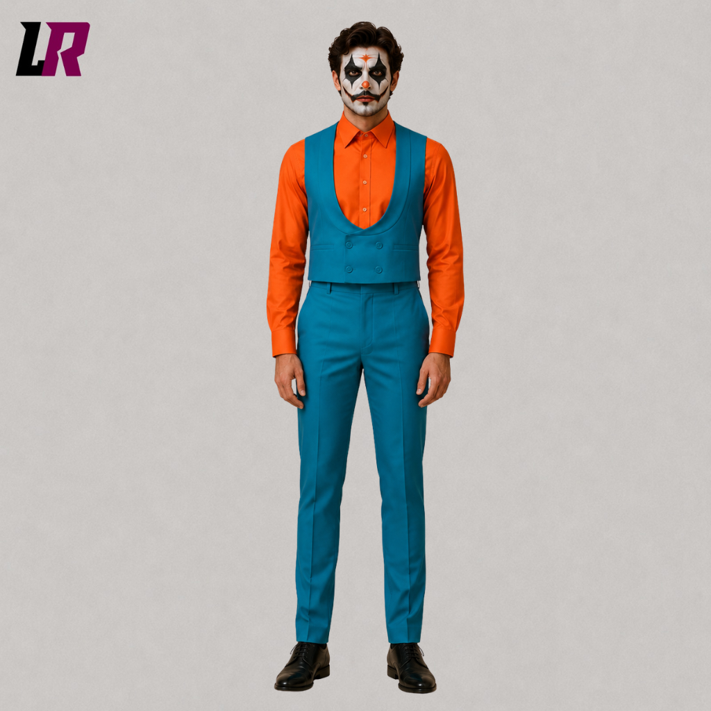 Front view of a men's Joker-inspired Halloween vest suit with teal blue waistcoat and orange shirt