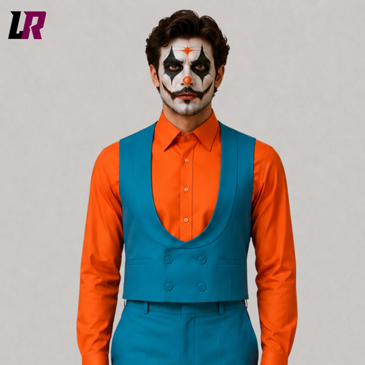 Close-up of a men's teal blue Joker-inspired Halloween waistcoat with orange shirt styling