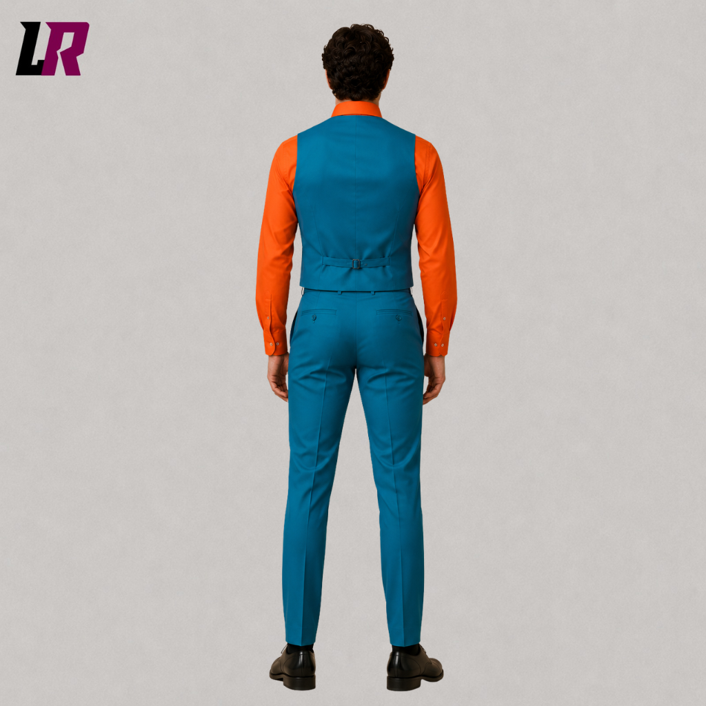 Back view of a men's teal blue Halloween waistcoat showing the tailored formal silhouette