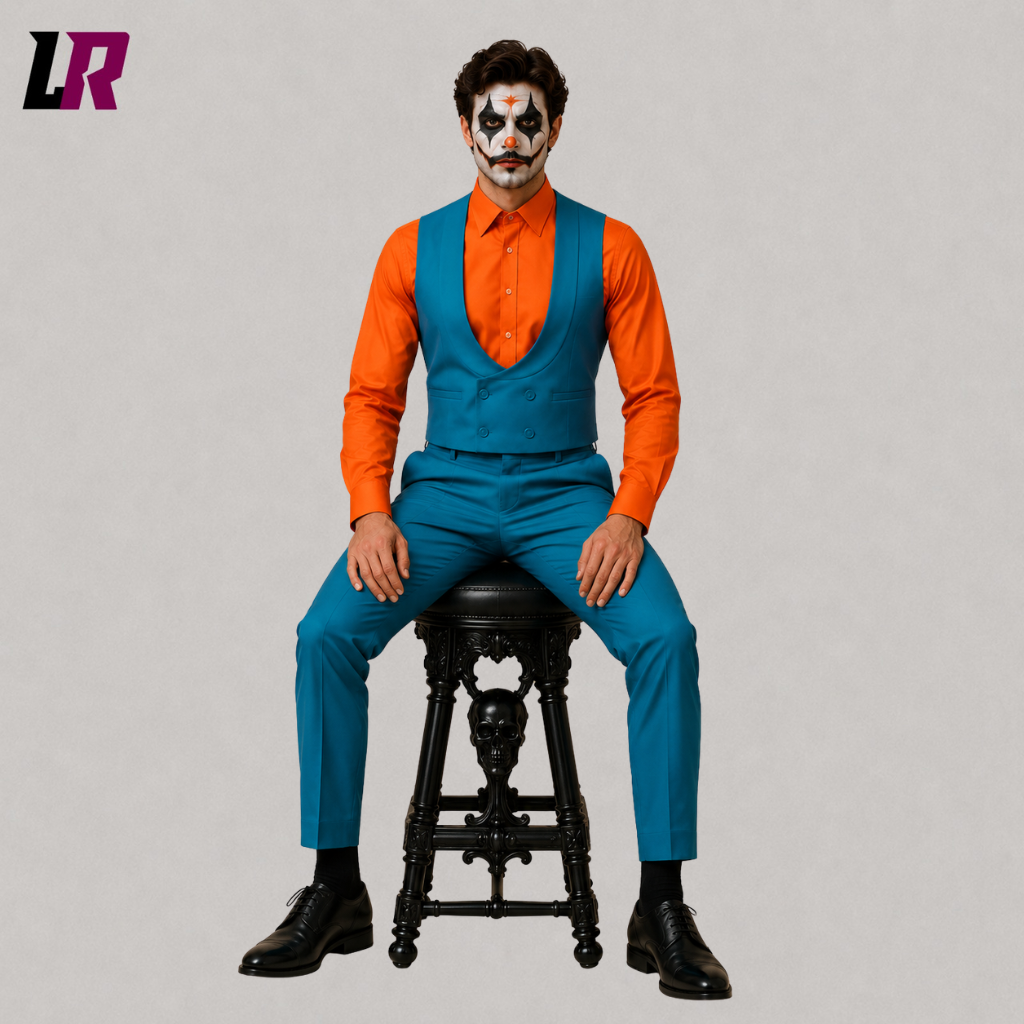 Man sitting on a stool wearing a teal blue Joker-inspired Halloween waistcoat and orange shirt outfit