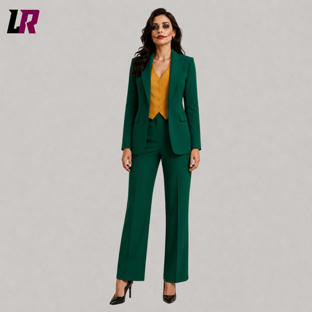 Front view of a women's green Joker Halloween 3-piece pantsuit with tailored blazer, waistcoat, and trousers