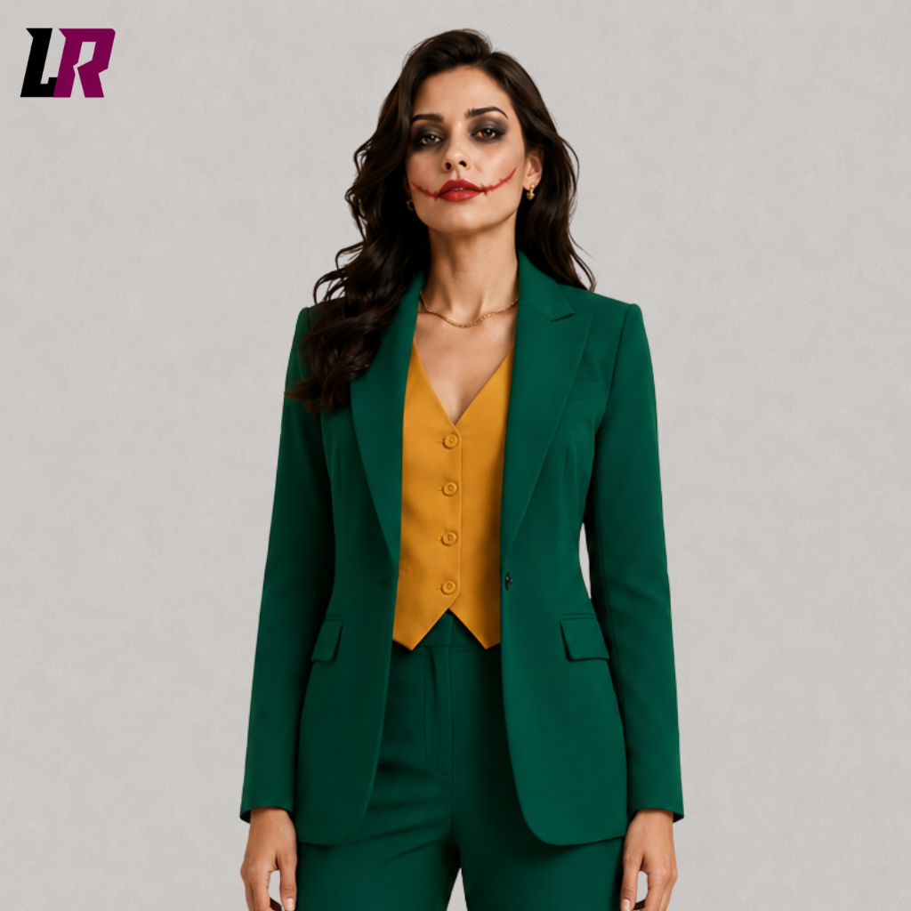 Close-up of a women's green Joker-inspired Halloween suit featuring tailored three-piece styling