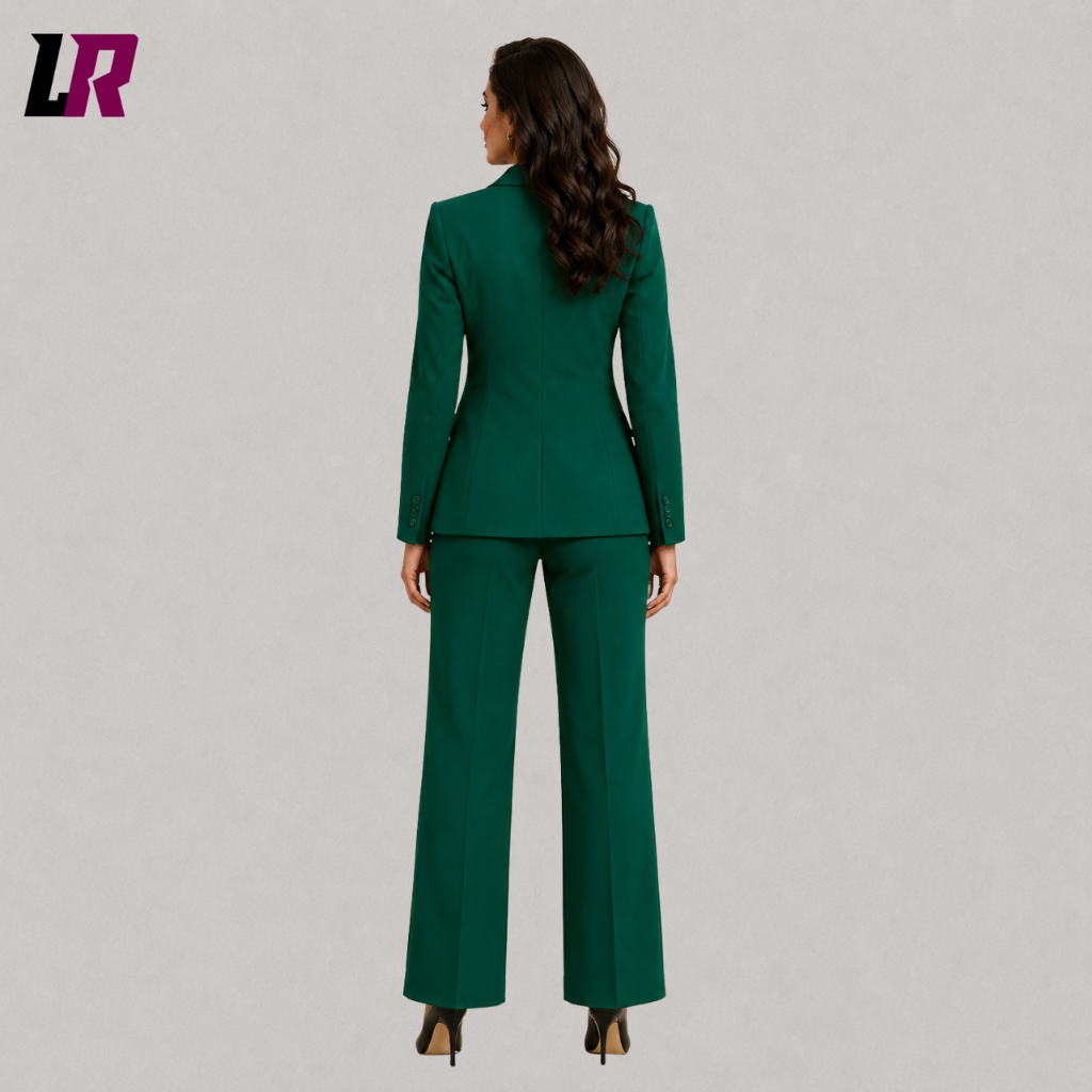 Back view of a custom women's green Joker-inspired Halloween suit showing the elegant tailored silhouette