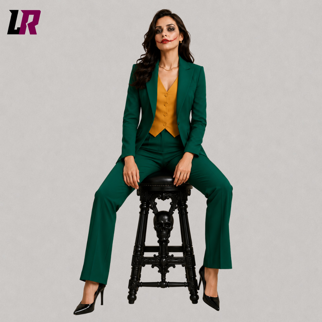Woman sitting on a stool wearing a green Joker-inspired Halloween 3-piece pantsuit for cosplay and themed events