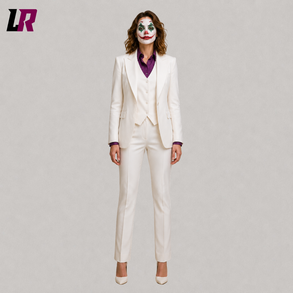 Front view of a women's white three piece wedding suit with tailored blazer, waistcoat, and trousers