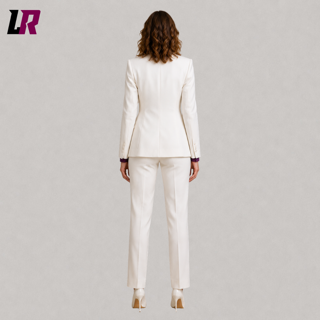 Back view of a custom women's white formal pantsuit showing the elegant tailored silhouette