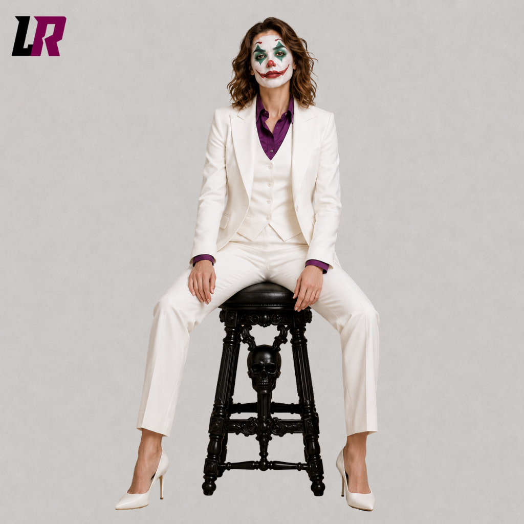 Woman sitting on a stool wearing a white three piece suit for weddings and formal occasions
