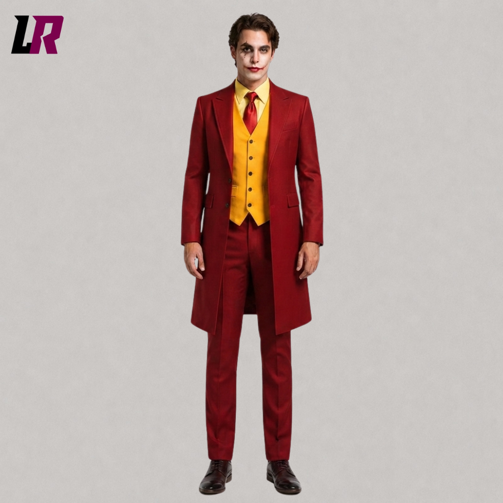 Front view of a men's red Joker Halloween long coat suit for cosplay and themed costume events