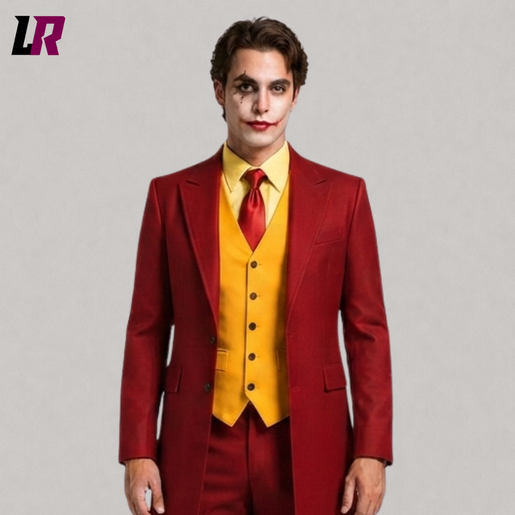 Close-up of a men's red Joker-inspired Halloween tailcoat featuring dramatic long coat styling and tailored craftsmanship