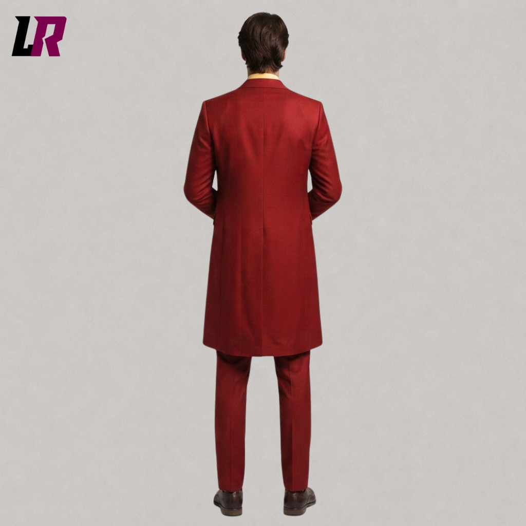 Back view of a custom men's red Halloween tailcoat showing the dramatic long-tail tailored silhouette