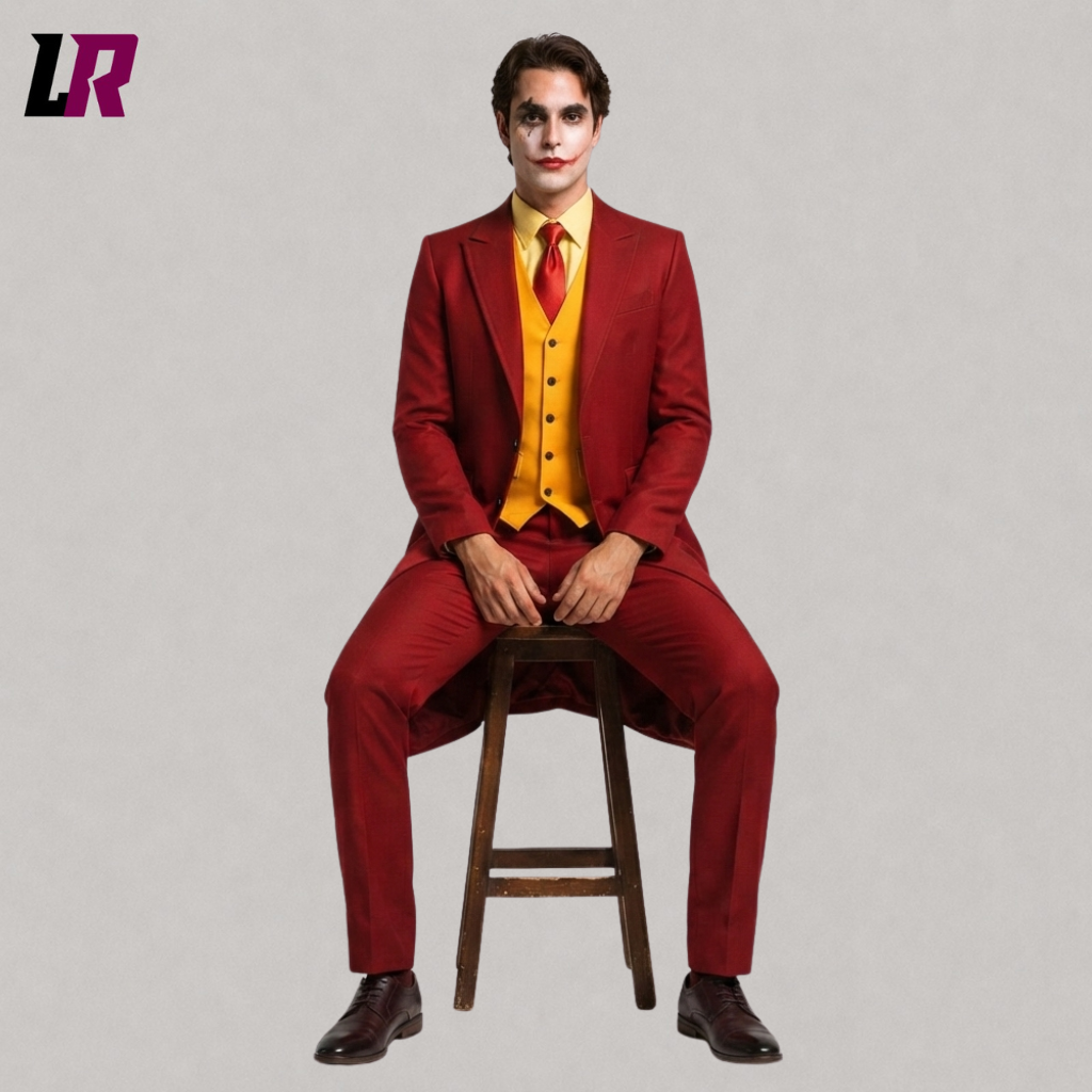 Man sitting on a stool wearing a red Joker-inspired Halloween tailcoat for cosplay and themed events