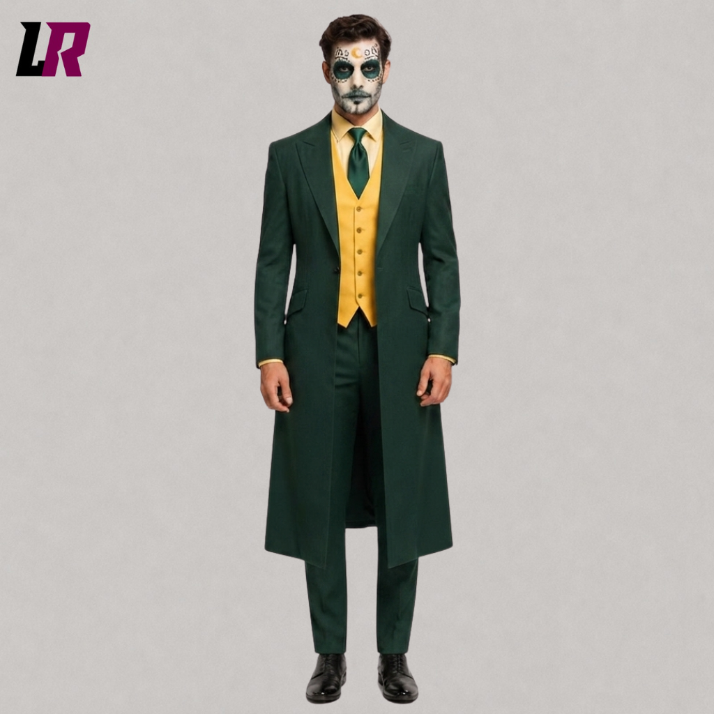 Front view of a men's green Joker Halloween long coat suit for cosplay and themed costume events