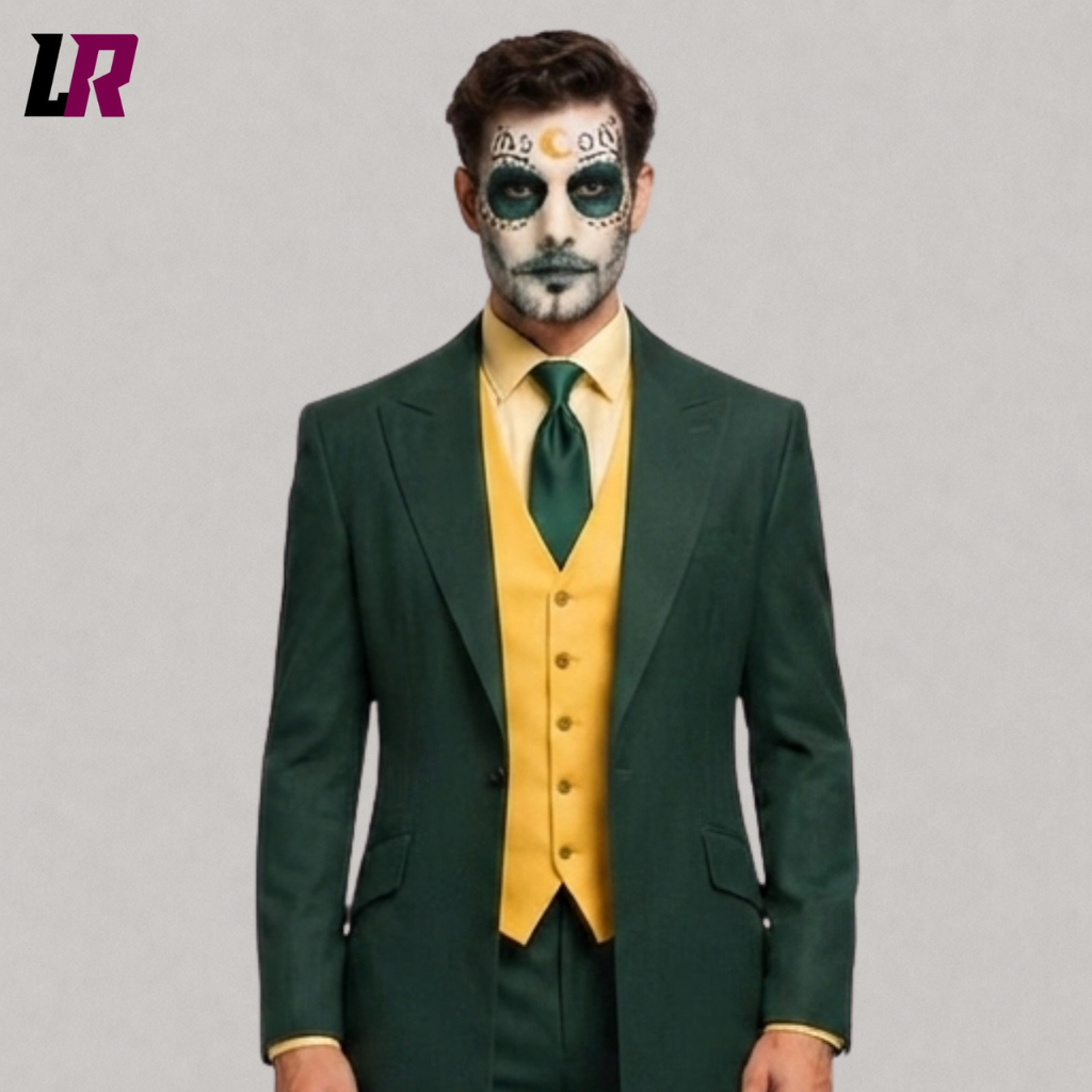 Close-up of a men's green Joker-inspired Halloween long coat featuring dramatic villain styling and tailored craftsmanship