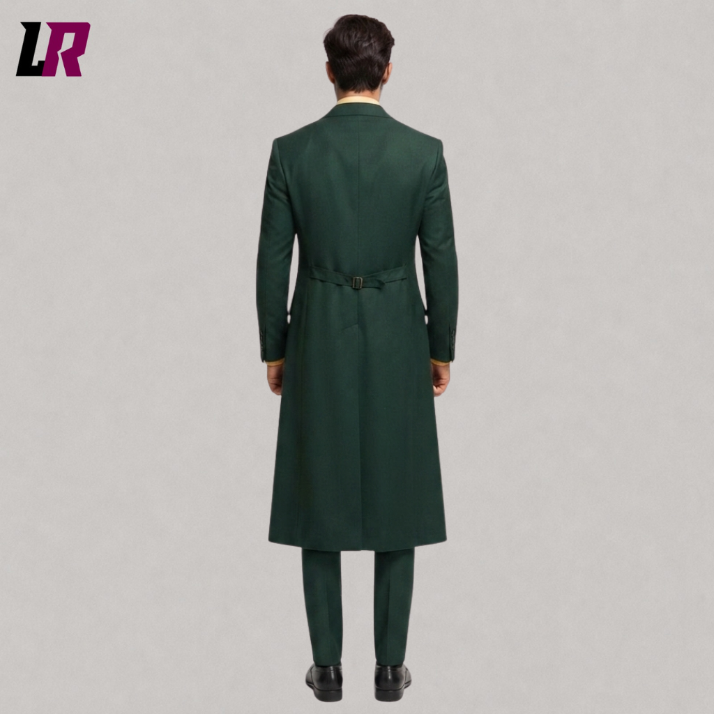 Back view of a custom men's green Joker-inspired Halloween long coat showing the dramatic tailored silhouette