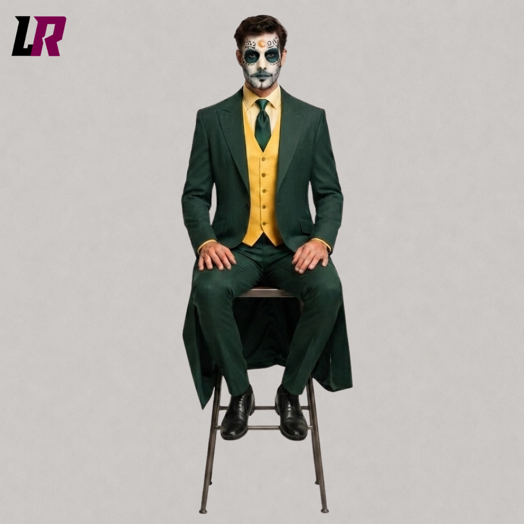 Man sitting on a stool wearing a green Joker-inspired Halloween long coat for cosplay and themed events