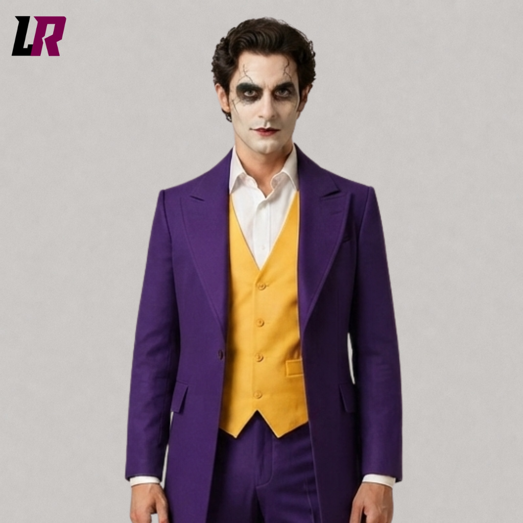 Close-up of a men's purple Joker-inspired Halloween tailcoat featuring Victorian gothic styling and tailored details