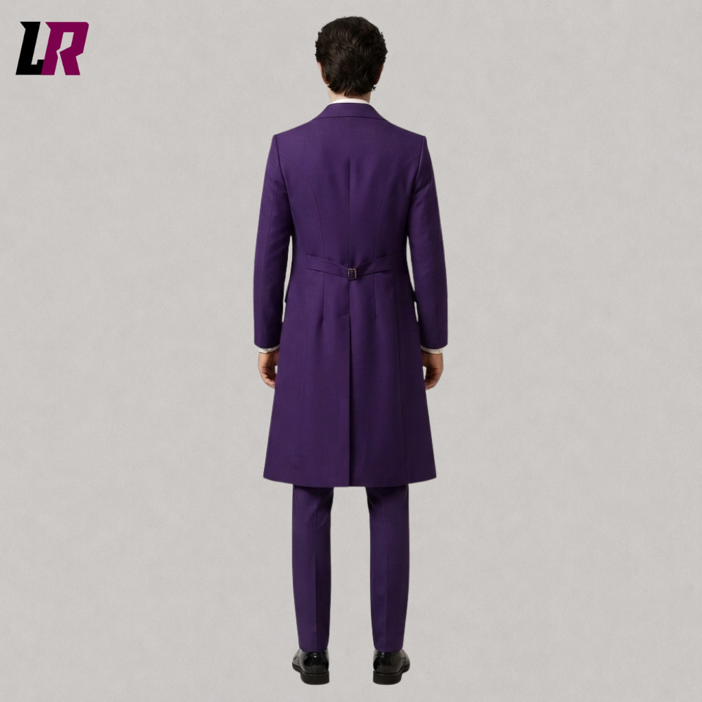 Back view of a custom men's purple Victorian gothic Halloween tailcoat showing the elegant long-tail silhouette