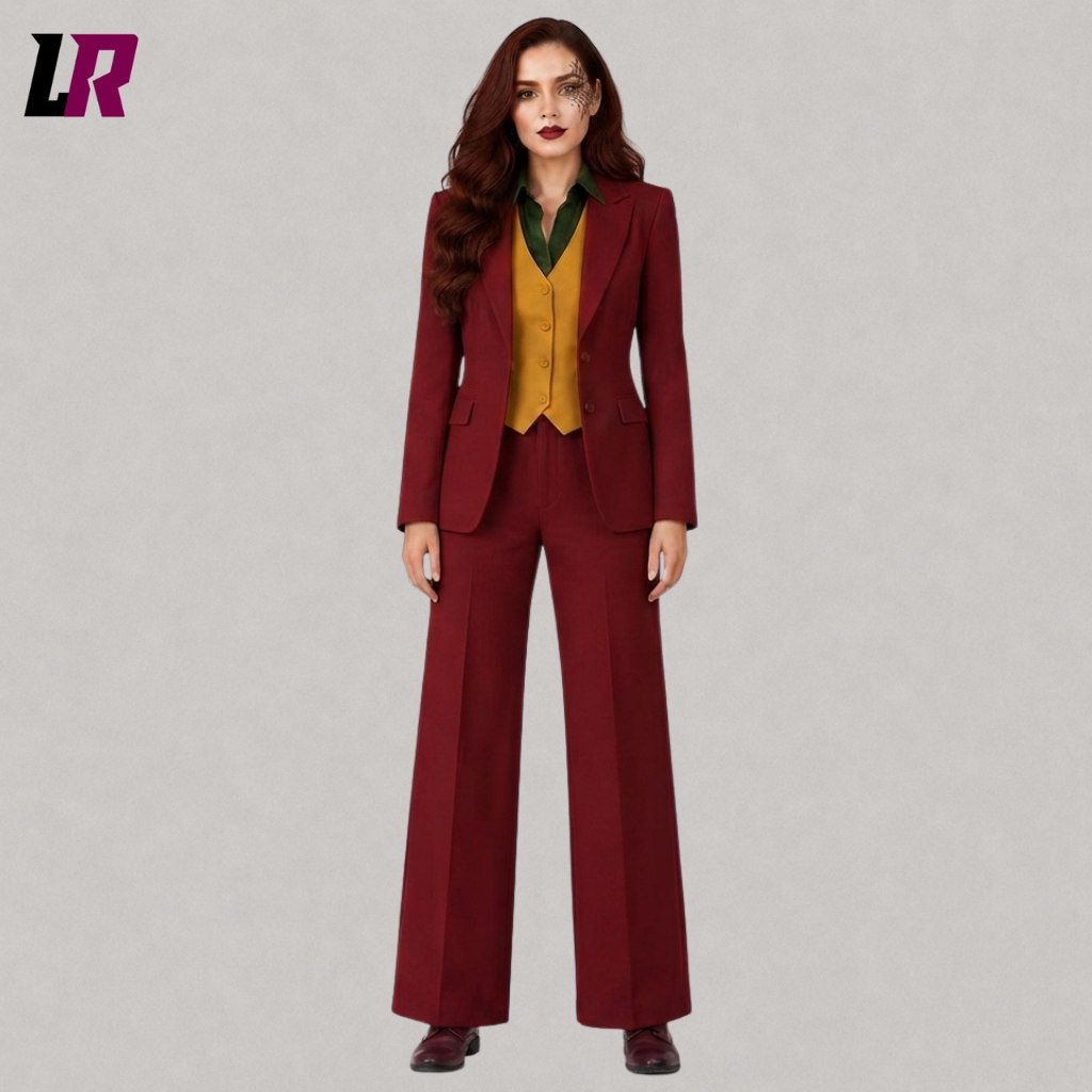 Front view of a women's burgundy Joker-inspired Halloween three-piece pantsuit with matching waistcoat