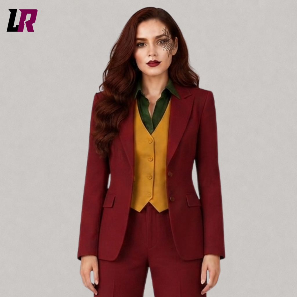 Women's burgundy Halloween pantsuit with Joker-inspired gothic styling and tailored three-piece design