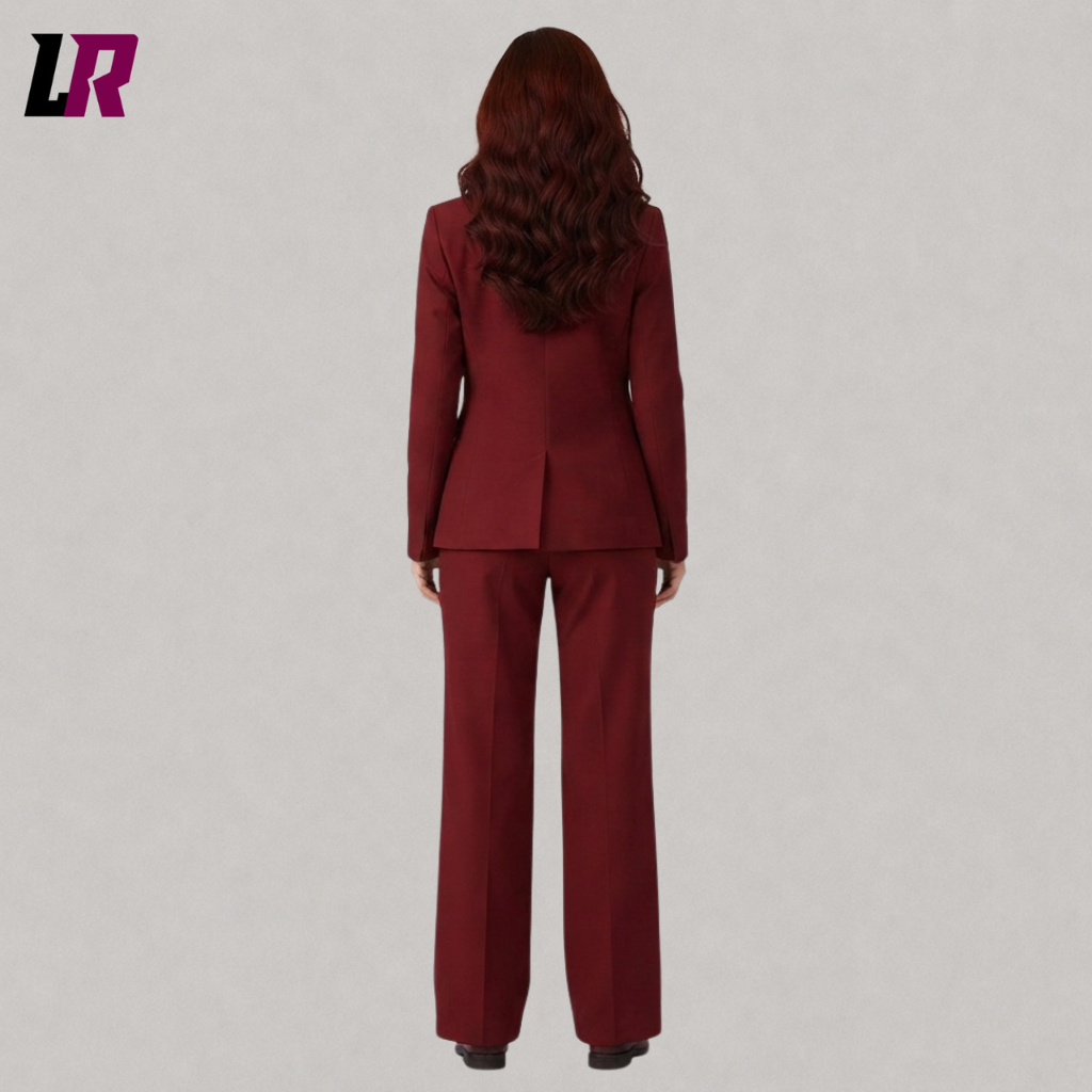 Back view of a tailored women's burgundy Halloween pantsuit showing the structured gothic silhouette