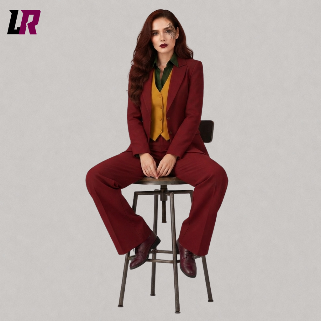Woman wearing a burgundy Joker-inspired Halloween three-piece suit while sitting on a stool