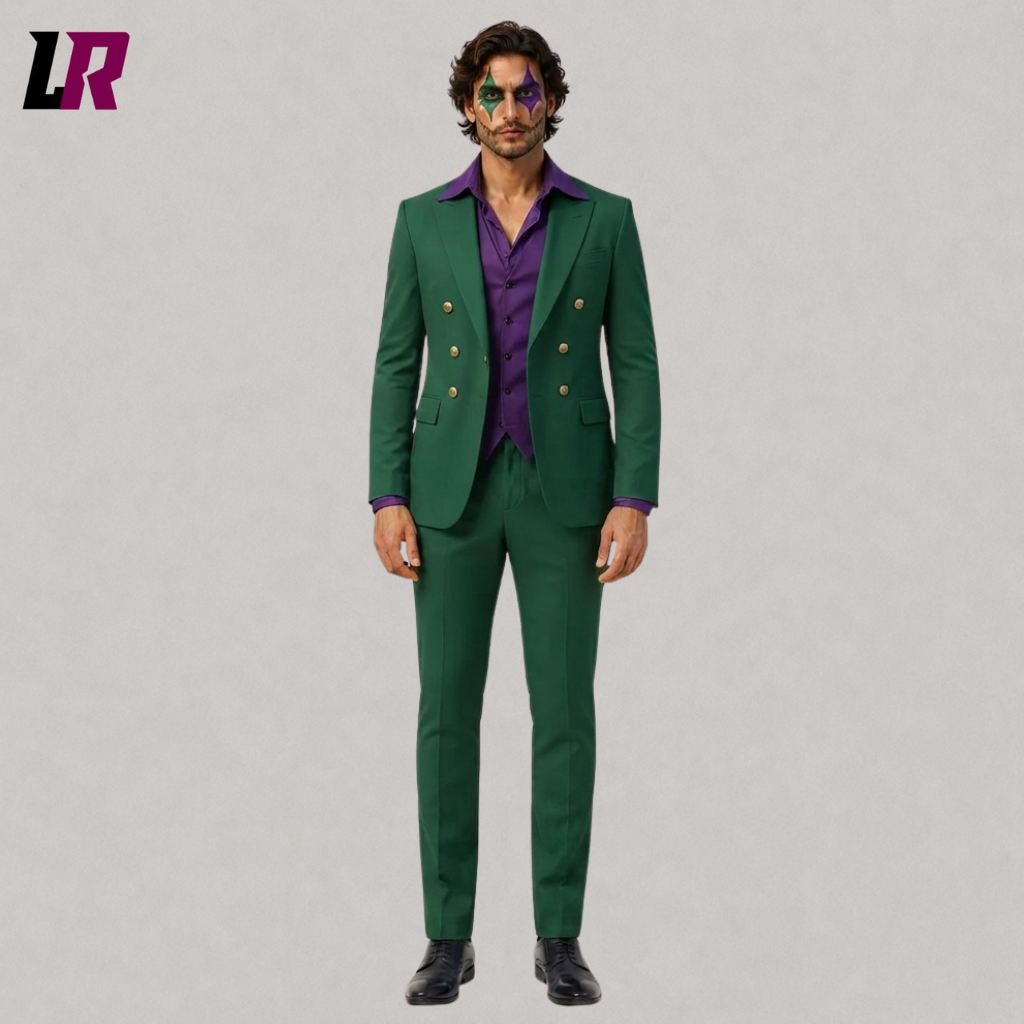 Front view of a men's green purple Halloween suit featuring contrasting colors and villain-inspired formal design